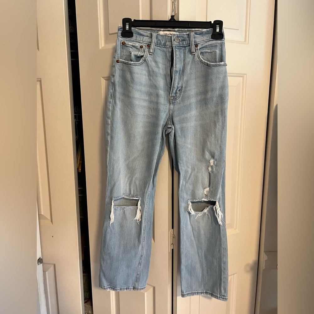Abercrombie & Fitch Blue Straight Leg Jeans with Distressed Details - Picture 1 of 3